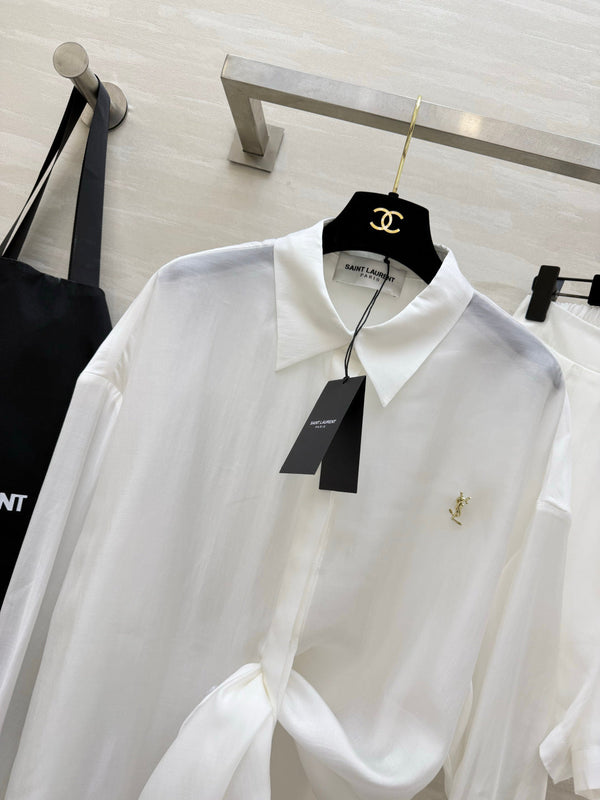 YSL 26s Long-Sleeved Silk Shirt Set White 398905