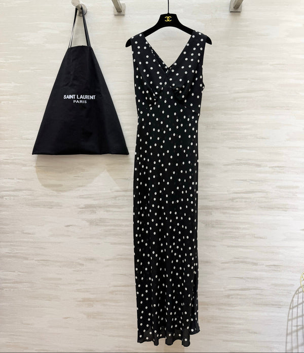 YSL 26s V-Neck Maxi Dress Black White Silk 398891