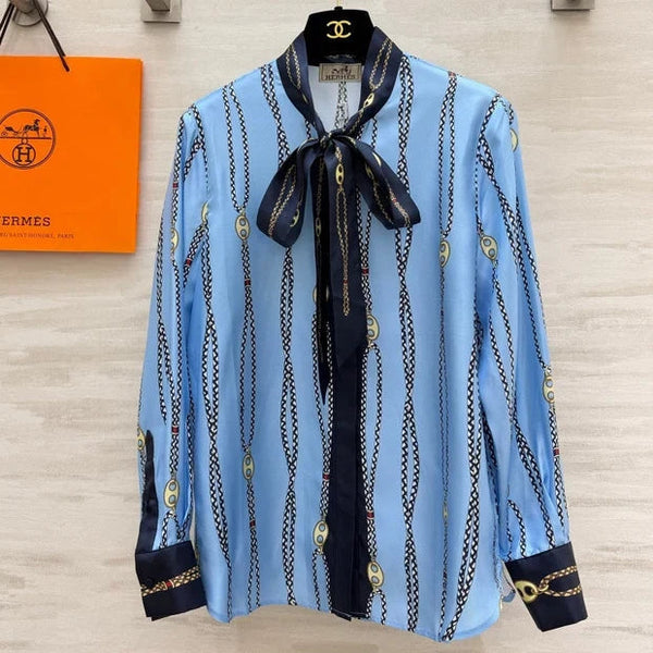 HM 2026 Chain Print Ribbon Shirt Blue Silk 408796