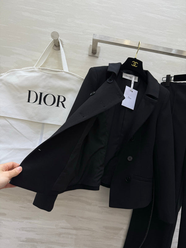 CD 26s Set Belted Jacket & Pant Black Virgin Wool and Silk 414136