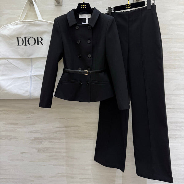 CD 26s Set Belted Jacket & Pant Black Virgin Wool and Silk 414136