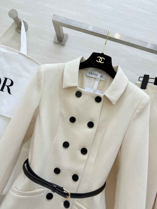 CD 26s Set Belted Jacket & Pant Ecru Virgin Wool and Silk 414131