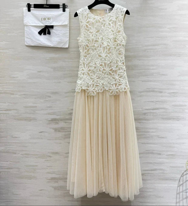 CD 2026 Heavy-duty 3D Floral Sleeveless Maxi Dress Cream Lace Cotton 412117