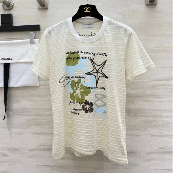 CC 2026 Striped Print Short-Sleeve T-Shirt Cream Blue Green Cotton