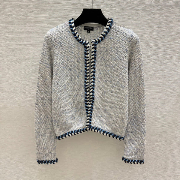 Chanel 2026 Knitted Long Sleeve Cardigan Grey mix Blue Wool 244662