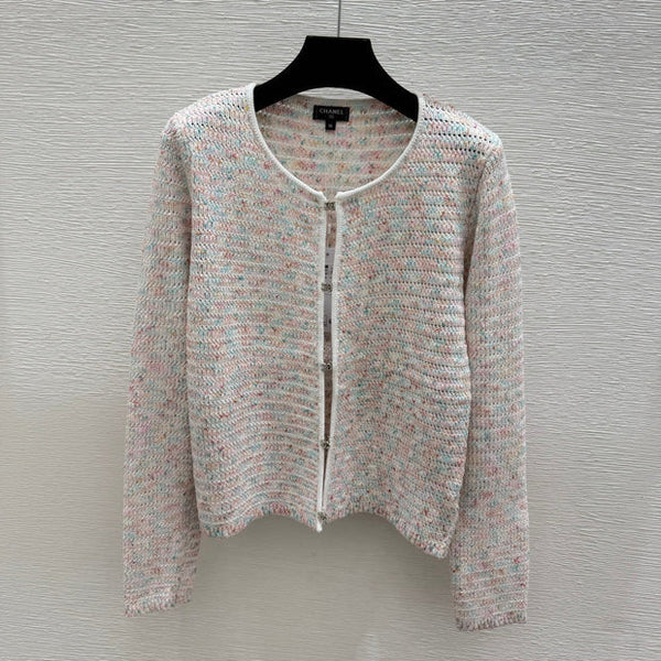 Chanel 2026 Round Neck Knitted Long Sleeve Cardigan Light Pink Wool 244668