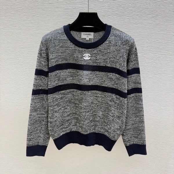 Chanel 2026 Striped Crew Neck Knit Long Sleeve Gray Wool 244670