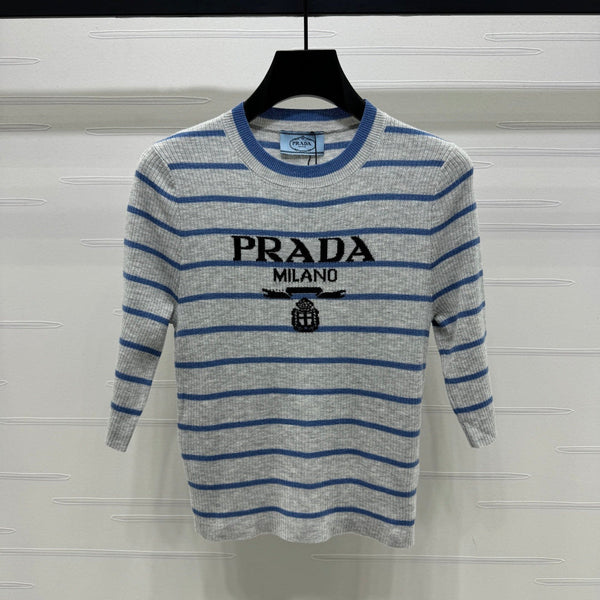 Prada Logo-Intarsia Striped Top Marble Grey Wool 351053