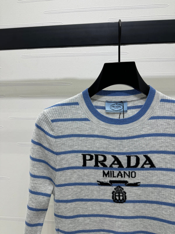 Prada Logo-Intarsia Striped Top Marble Grey Wool 351053