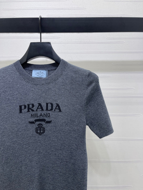 Prada Round Neck Knit Short-Sleeve Top Slate Gray Wool 351042