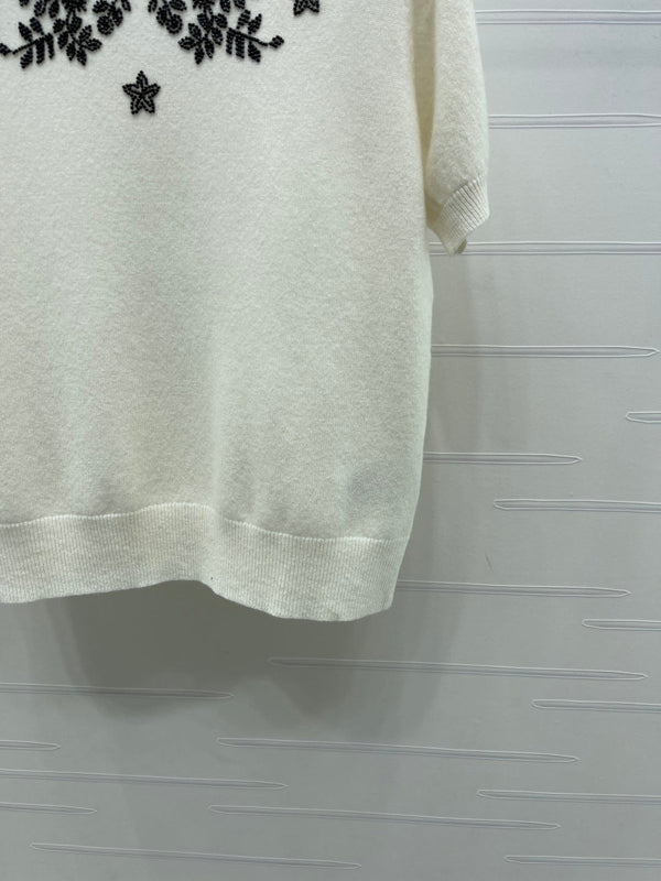 CD SS26 Beaded Floral Knit Top Ivory Wool 351068