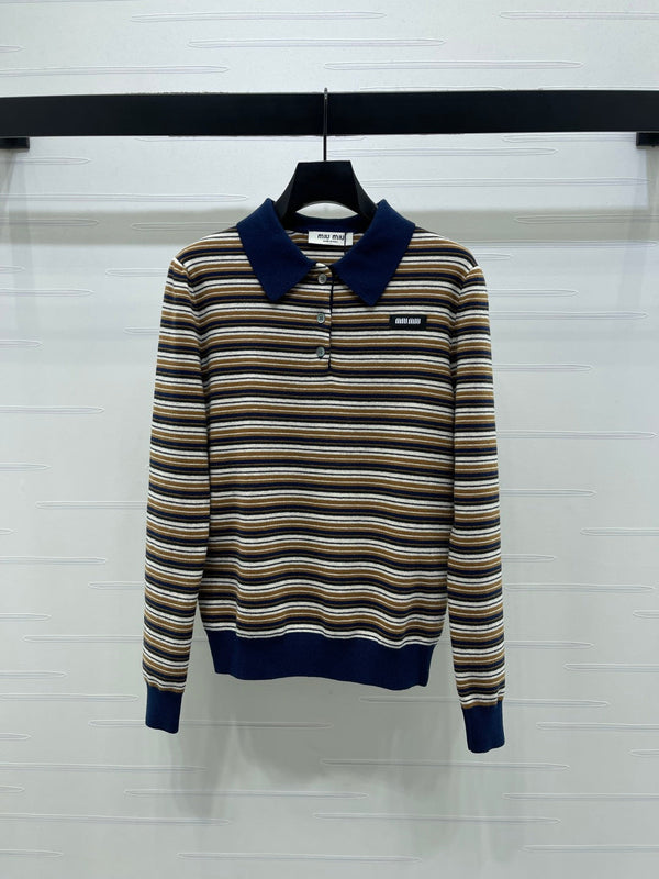 Miu Miu Striped Logo Polo Shirt beige and brown virgin wool 340970