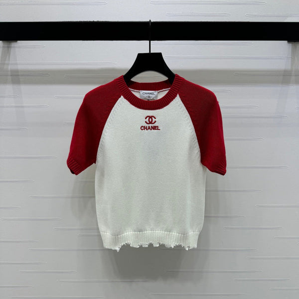 CC Short Sleeve Knitted Sweater White Red Cashmere Wool 351023