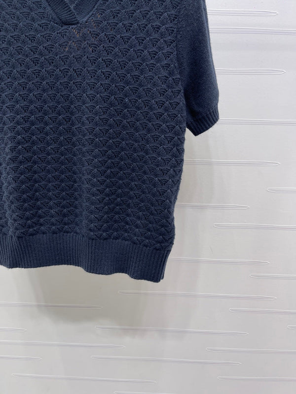 Miu Polo Half-Open Short-Sleeved Top Navy Blue Knit 343436