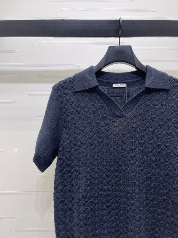 Miu Polo Half-Open Short-Sleeved Top Navy Blue Knit 343436