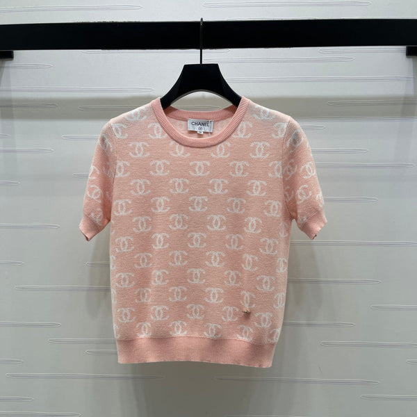 CC 26sJacquard Knit Short-Sleeved Cardigan Pink Wool 344125