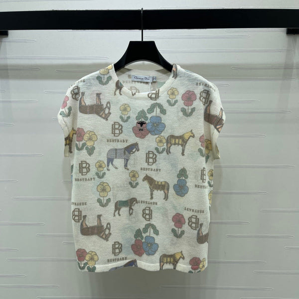 CD Short-Sleeved Top Floral Animal Pattern Cream Cotton 380762