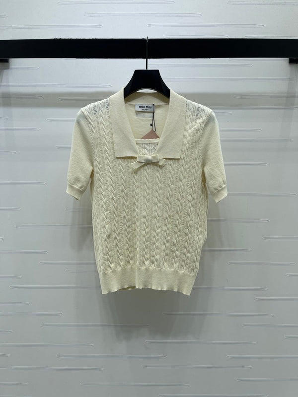 Miu Cable Knit Short-Sleeved Shirt Linen Silk