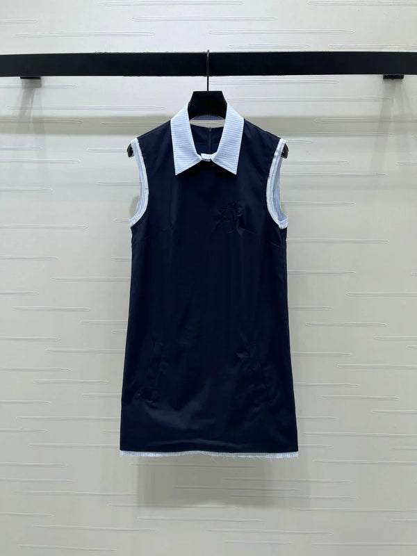 CD Color-Blocked Striped Collared Sleeveless Dress Cotton 392608