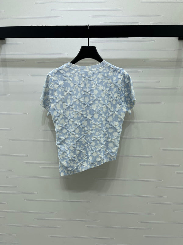 CC 26s Floral Knit Short-Sleeved Top Blue White Wool 401606