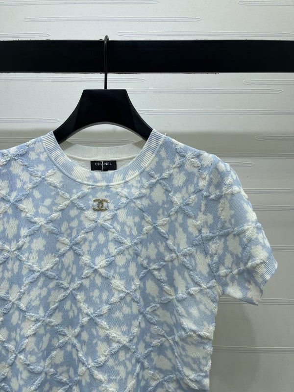 CC 26s Floral Knit Short-Sleeved Top Blue White Wool 401606