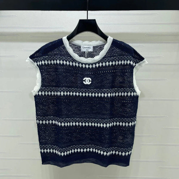 CC 2026 Hollow-out Striped Knit Vest Navy Blue Viscose 677769