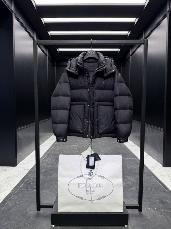 Prada 2025 Quilted Hooded Jacket Black Nylon Down