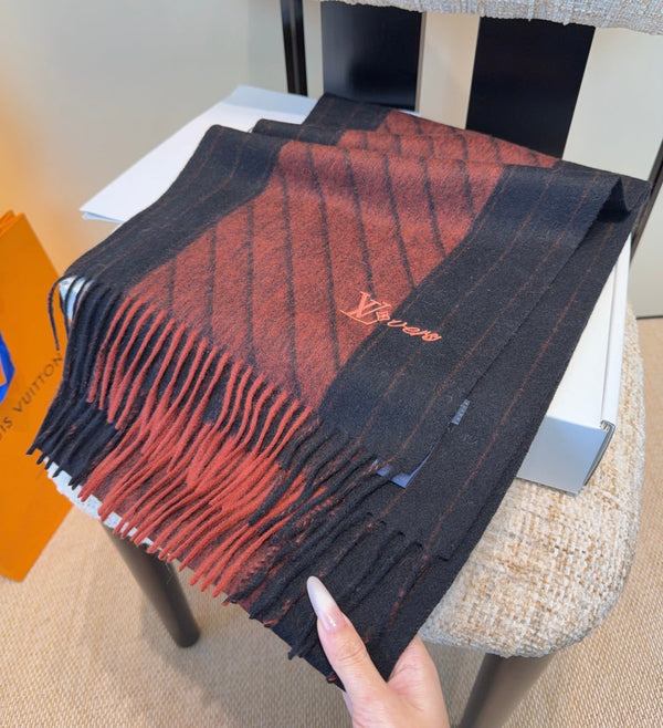 LV Scarf 180cm Black Deep Red Wool Cashmere 977014