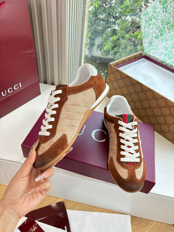 Gucci Shift Damen sneaker Varianten Schwarzes Beige & Dark Brown Canvas and Suede Trim 506841