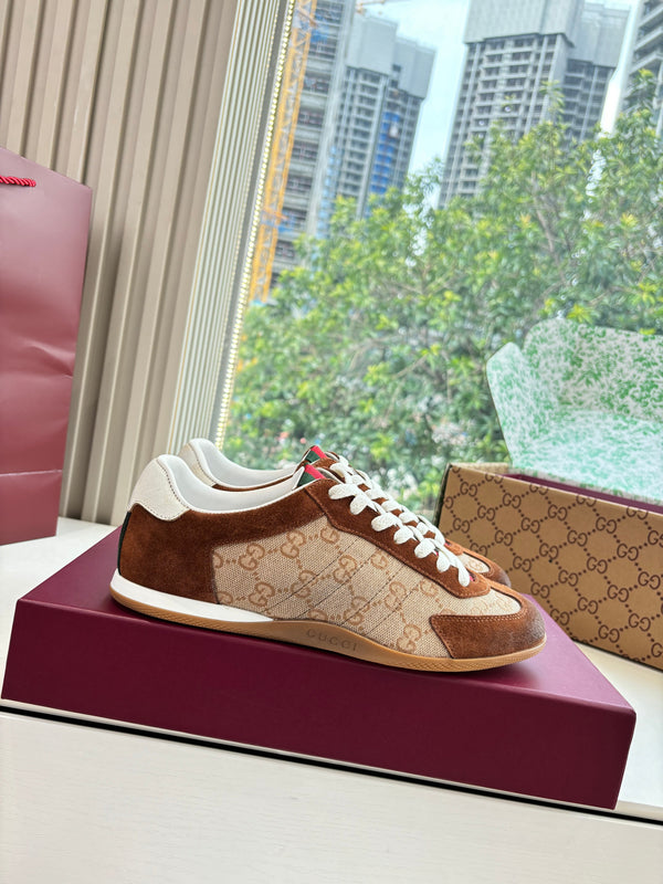 Gucci Shift Damen sneaker Varianten Schwarzes Beige & Dark Brown Canvas and Suede Trim 506841