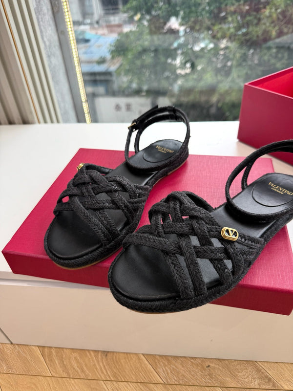 VLTN Bribri Espadrille Sandals Black Raffia Leather 933617