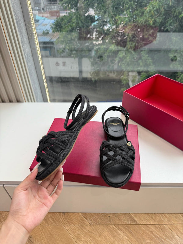 VLTN Bribri Espadrille Sandals Black Raffia Leather 933617