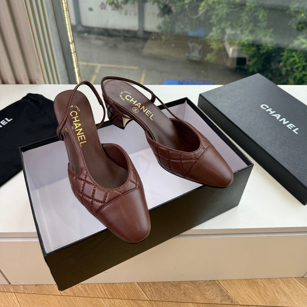 CC 26s Quilted Square Toe Slingback Pumps Brown Leather 126577