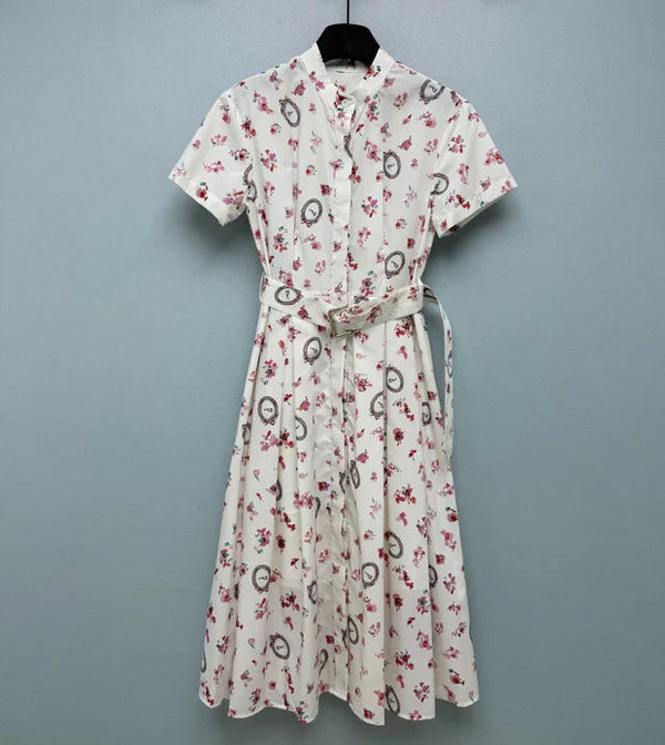 CD 2026 Floral Stand Collar Slim Waist Shirt Dress Polyester 392333