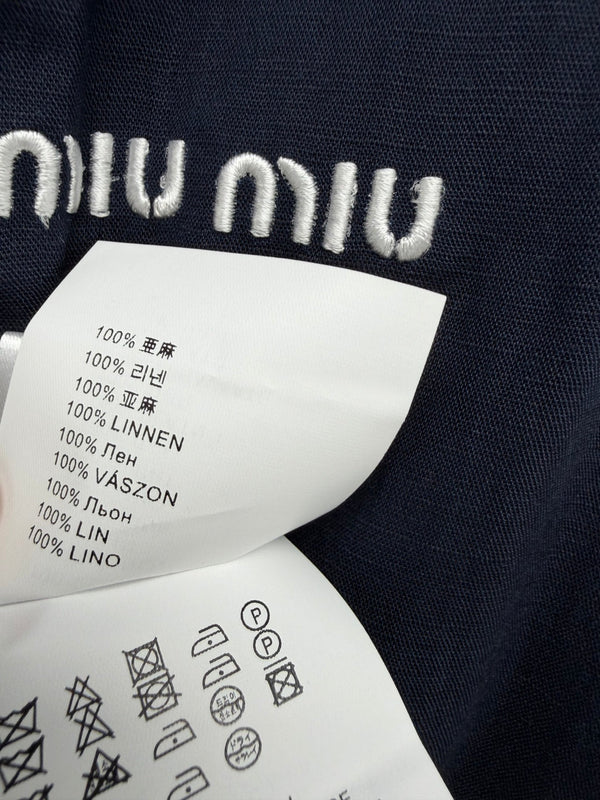 Miu Collar Zipper Sleeveless Waist-Cinching Dress Navy Linen 394354