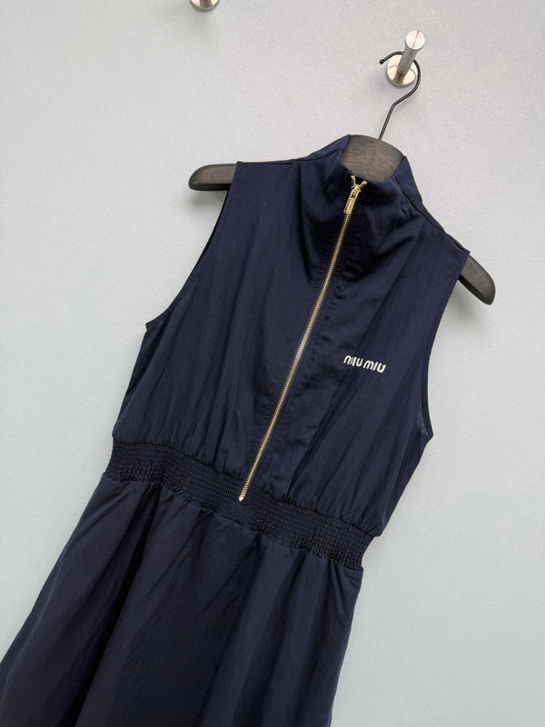 Miu Collar Zipper Sleeveless Waist-Cinching Dress Navy Linen 394354