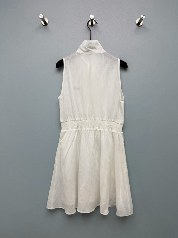 Miu Collar Zipper Sleeveless Waist-Cinching Dress White Linen 394352