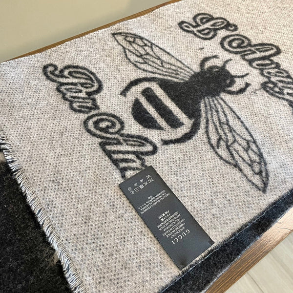 GG Double G Jacquard Scarf 180CM Black Gray Wool 283098