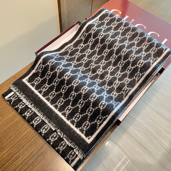 GG Double G Jacquard Scarf 180CM Black Wool 283099