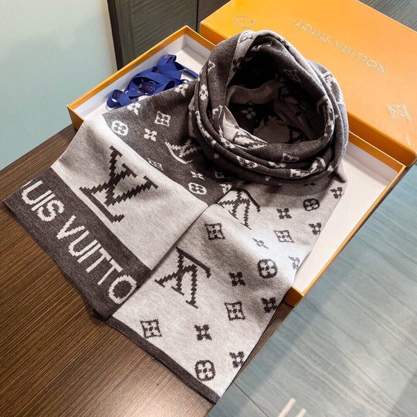 LV 25s Scarf 200cm Brown Light Gray Cashmere 973133