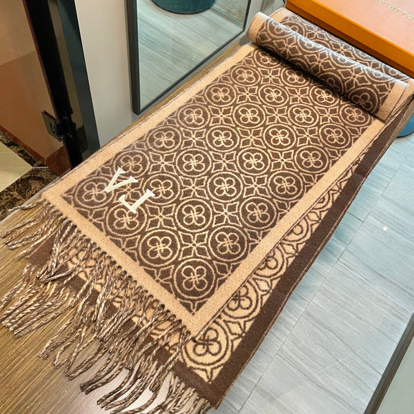 LV 25s Scarf 200cm Brown Beige Woolen 973138