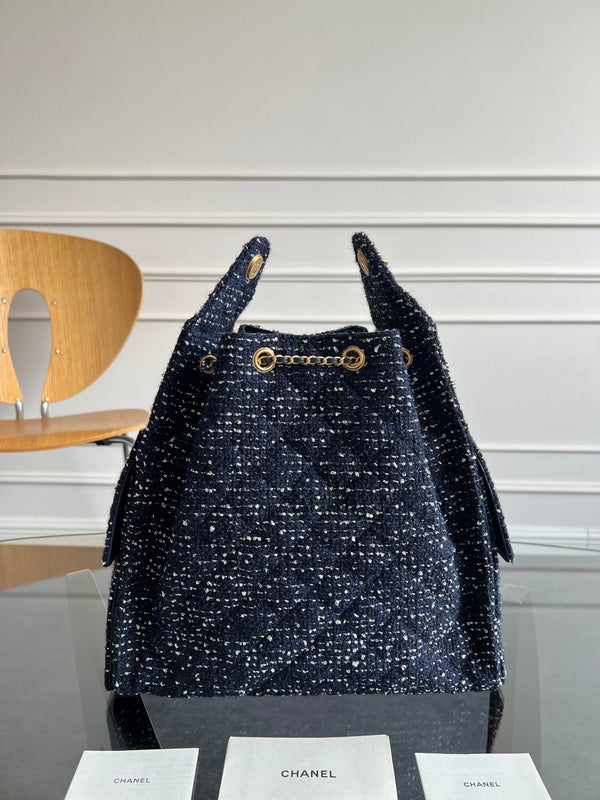 Chanel 25s Hobo Bag 40 In Navy Blue Tweed With Gold Hardware