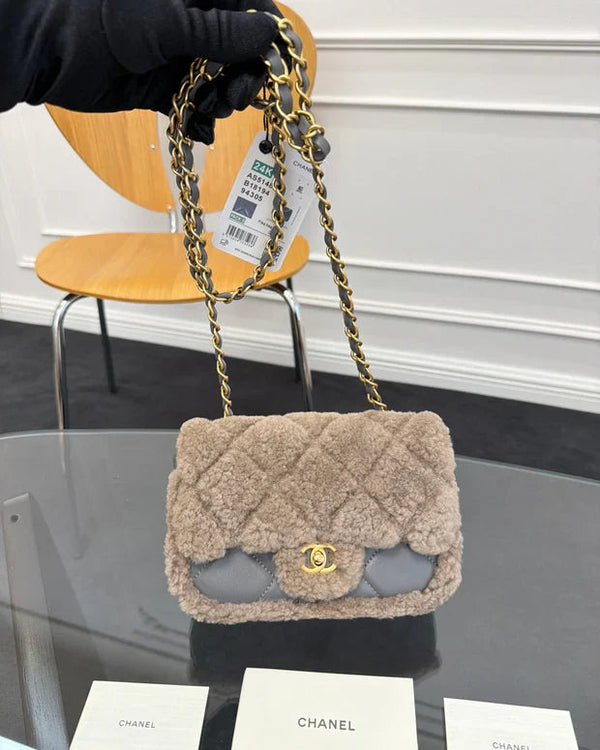 CC 2026 Flap Bag Grey Beige Shearling Leather