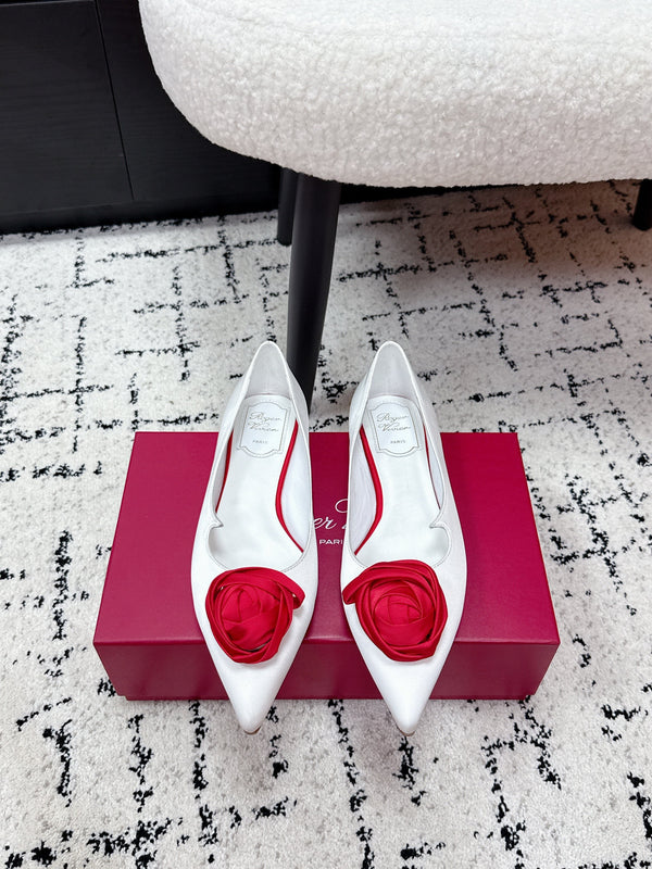 RV Rose Vivier Flower Slingback Flat White Red Satin 617288