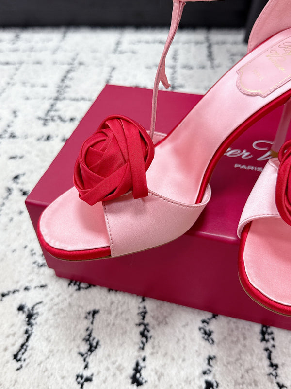 RV Rose Vivier Flower Sandal 10cm Pink Red Satin 617298