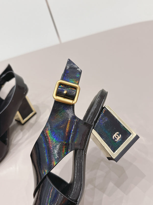 CC 26s Round-Toe Square-Heeled Sandals 7.5cm Black Leather