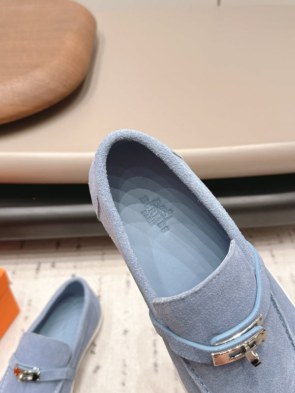 HM 26s Kelly Paris Loafers Light Blue Suede Silver Hardware