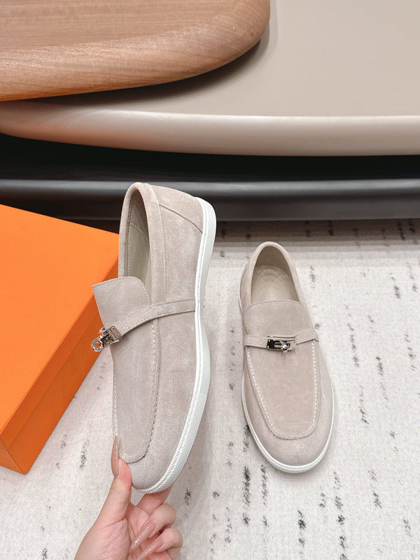 HM 26s Kelly Paris Loafers Light Grey Suede Silver Hardware