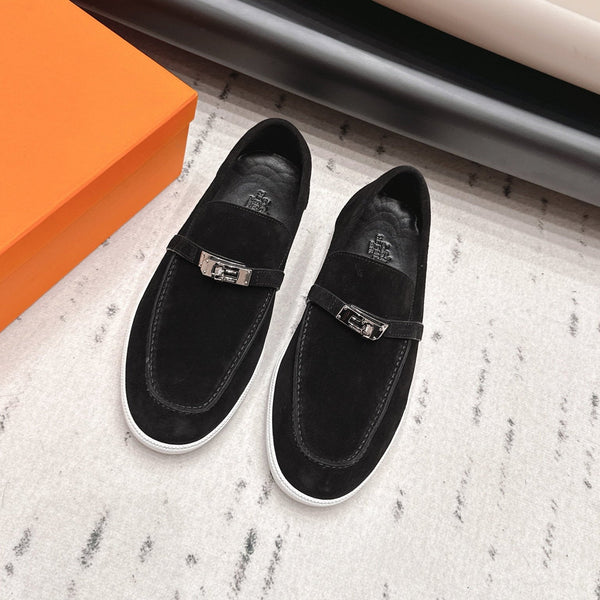 HM 26s Kelly Paris Loafers Black Suede Silver Hardware