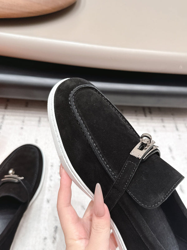 HM 26s Kelly Paris Loafers Black Suede Silver Hardware